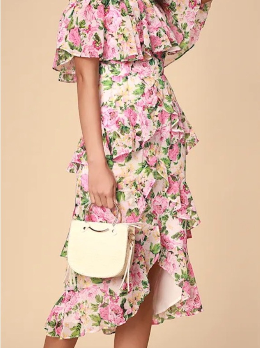 Wayf Pink Floral Ruffle Tiered Midi Dress